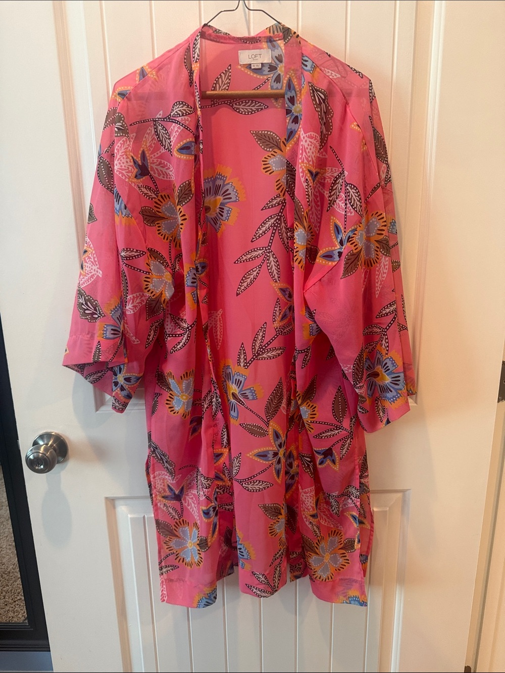 LOFT Pink Floral Open-Front Kimono Cardigan
